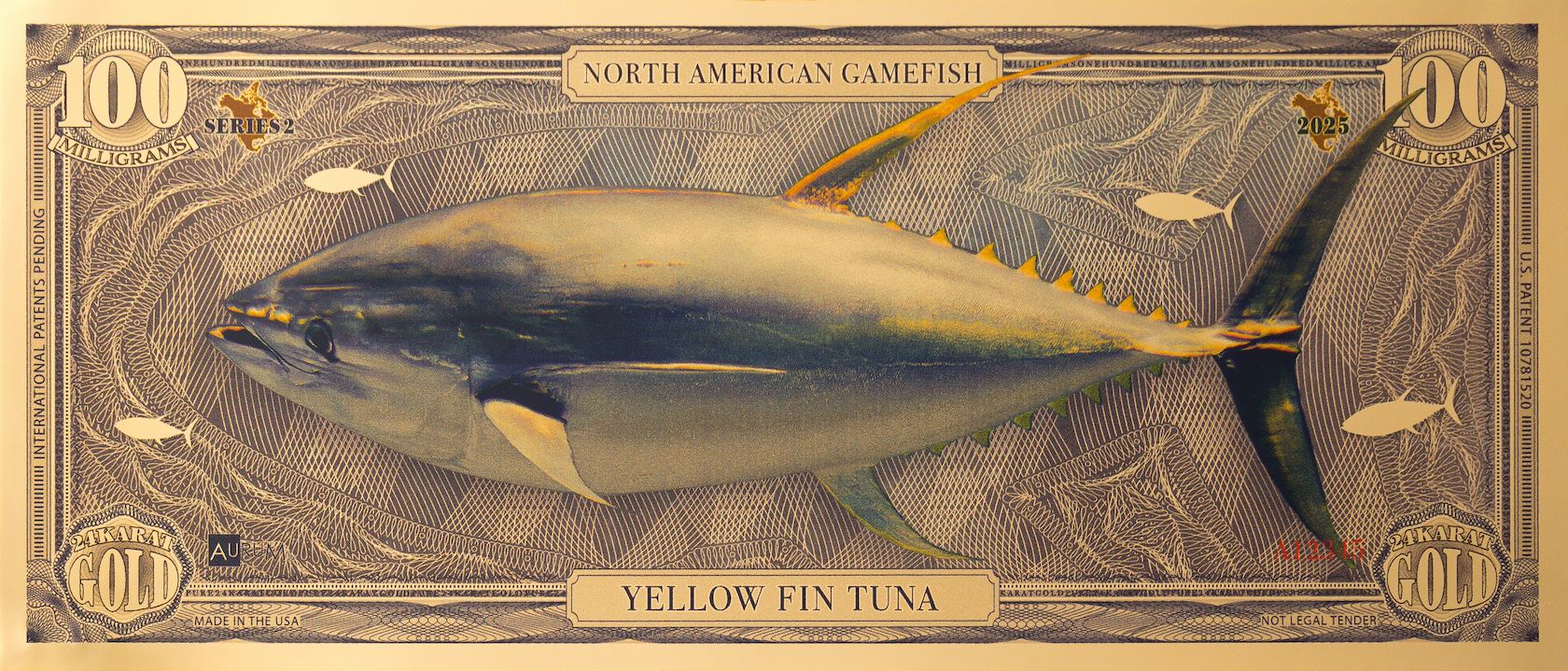 the yellow fin tuna north american gamefish bill with 100mg of 24k gold