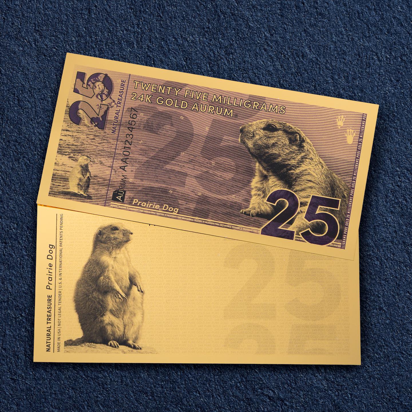 natural treasure bullion series 24k gold bill obverse and reverse of aurum 25mg note